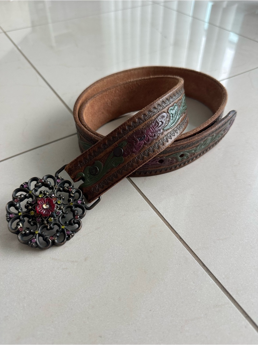 Beth Frank 70s Vintage Embossed Leather Belt Metal Crystal Flower Buckle Size 35